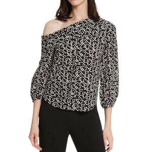 SALONI - NWT Women’s ‘Ness’ Silk Off-Shoulder Top in Mono Knots, Black Size 0 US